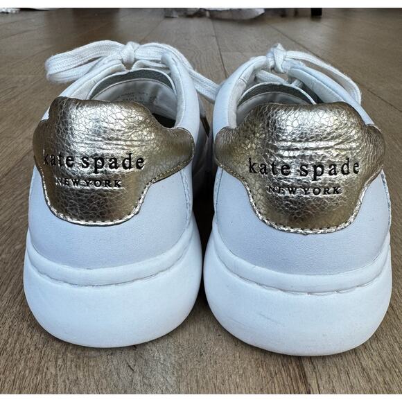 Kate Spade Lift White Sneakers Sz 7 Leather Gold Heel Accent and Gold Logo - Picture 2 of 12